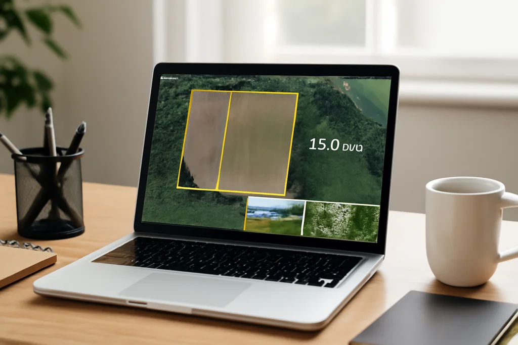 Wisconsin land listing shown on a laptop with parcel map and property photos